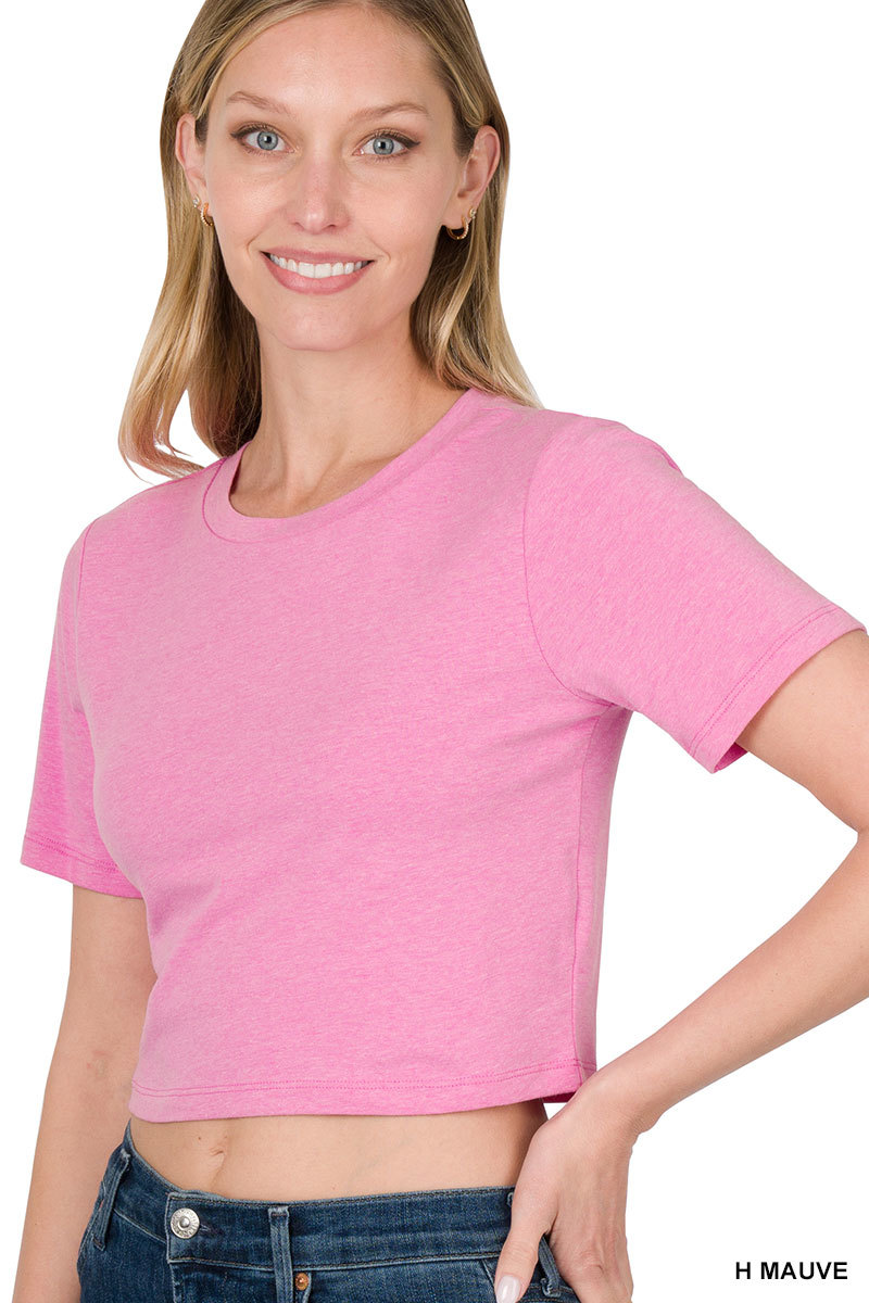 COTTON SHORT SLEEVE ROUND NECK CROPPED TOP-MAUVE