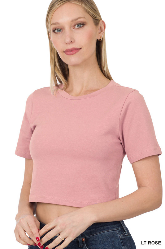 COTTON SHORT SLEEVE ROUND NECK CROPPED TOP-LIGHT ROSE