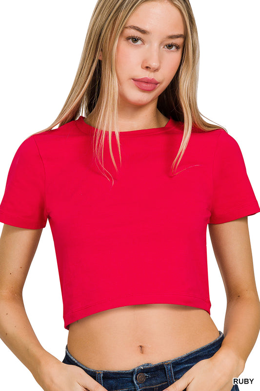 COTTON SHORT SLEEVE ROUND NECK CROPPED TOP-RUBY