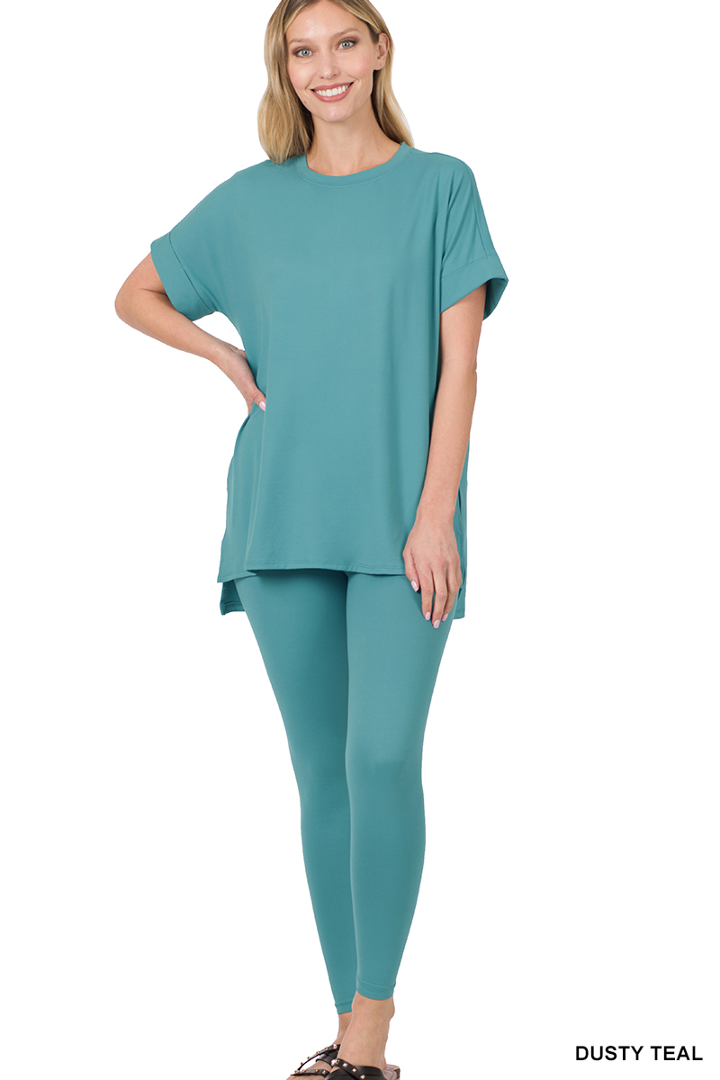 BRUSHED DTY MICROFIBER LOUNGEWEAR SET-DUSTY TEAL