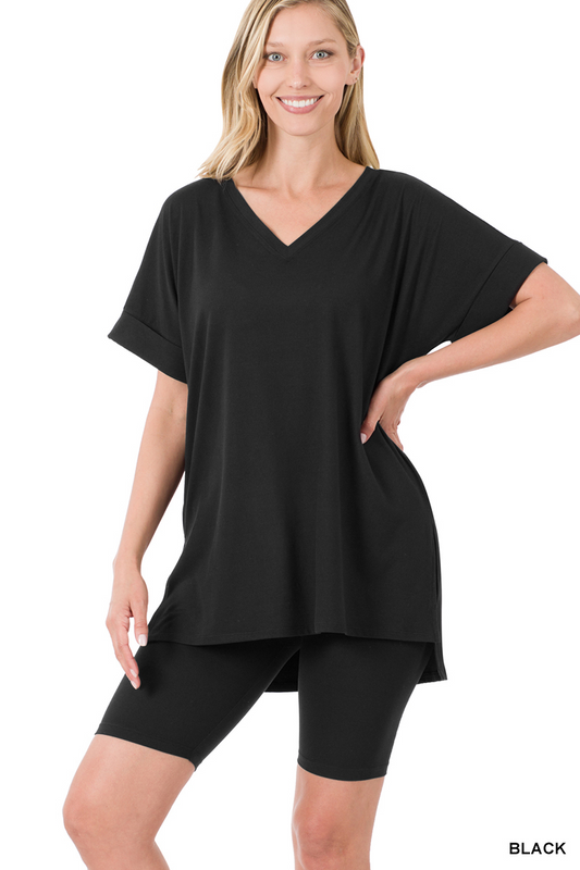 BRUSHED DTY MICROFIBER V-NECK TOP & BIKER SHORTS-BLACK