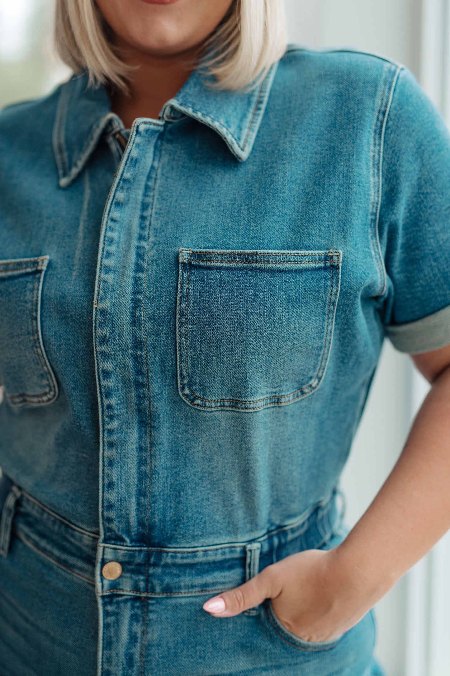 Sylvia Judy Blue Short Sleeve Denim Jumpsuit