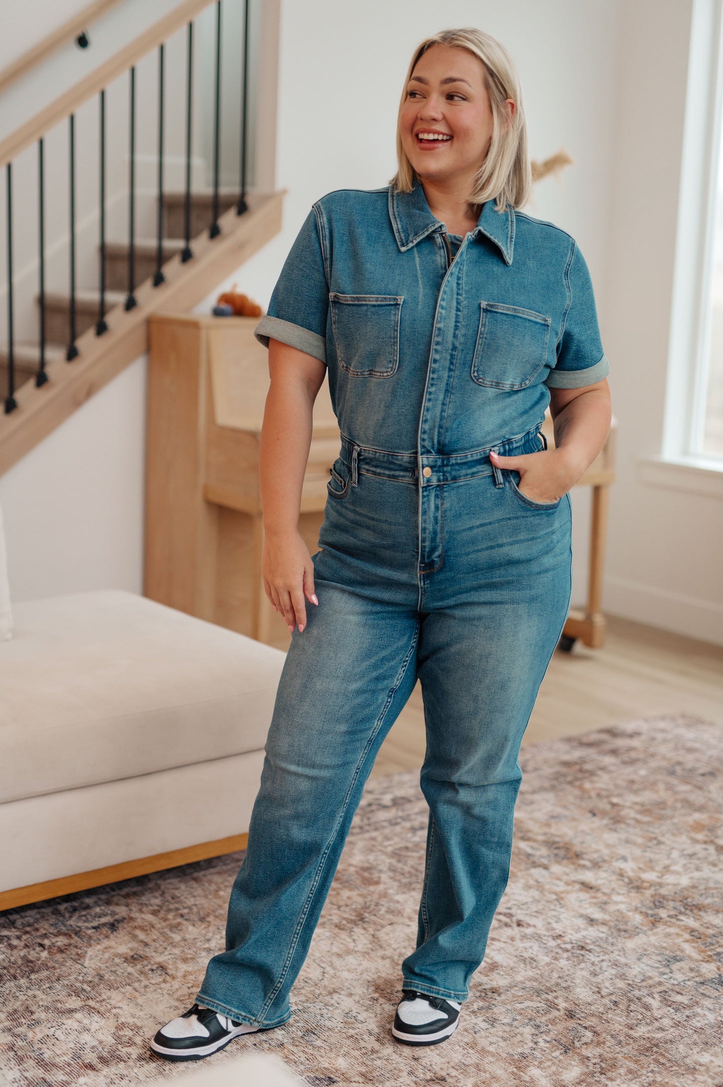 Sylvia Judy Blue Short Sleeve Denim Jumpsuit